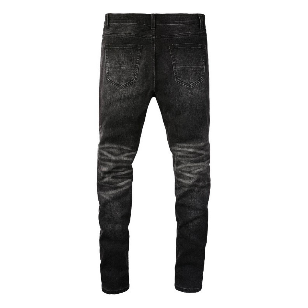 ストリート系 ブラックスリムデニム ダメージ入り SS-000345