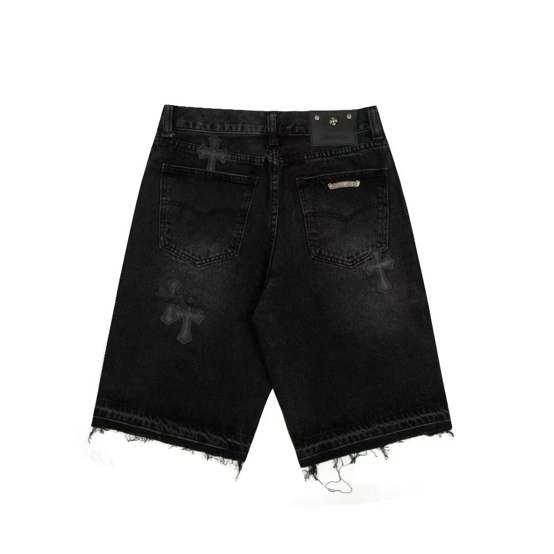 【3color】クロスパッチ デニムショーツ ストリート系 ヴィンテージ風 SS-000324