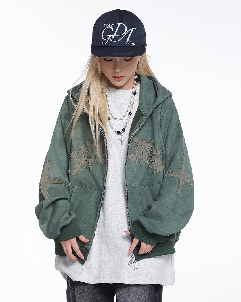 Graphic Washed Zip-Up Hoodie znk000204