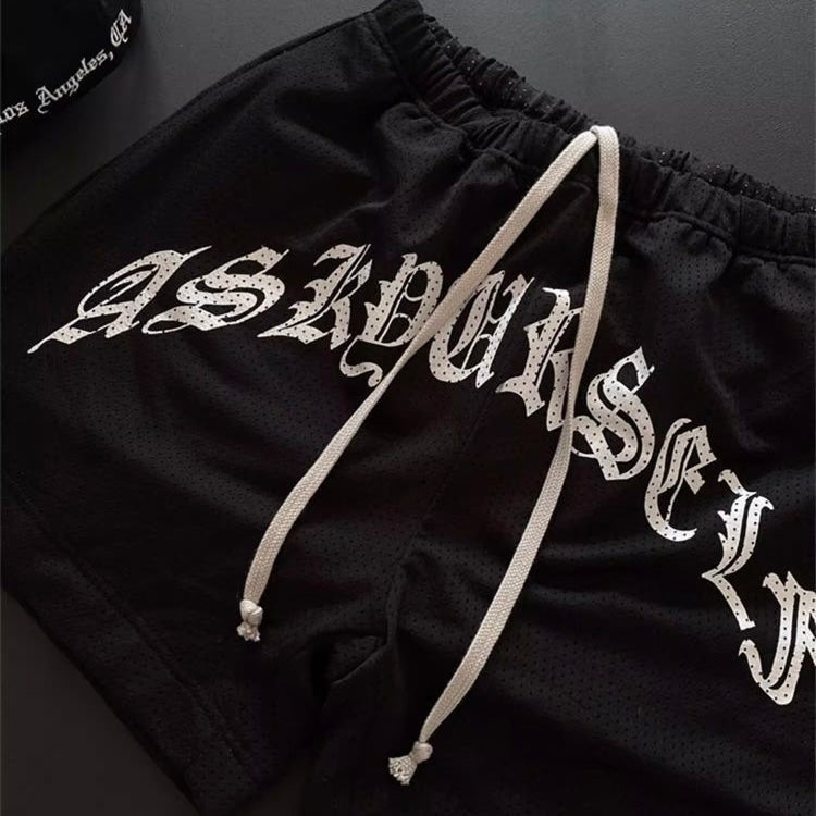 ロゴ入りメッシュハーフパンツ｜黒 ストリート系ショーツ SS-000313