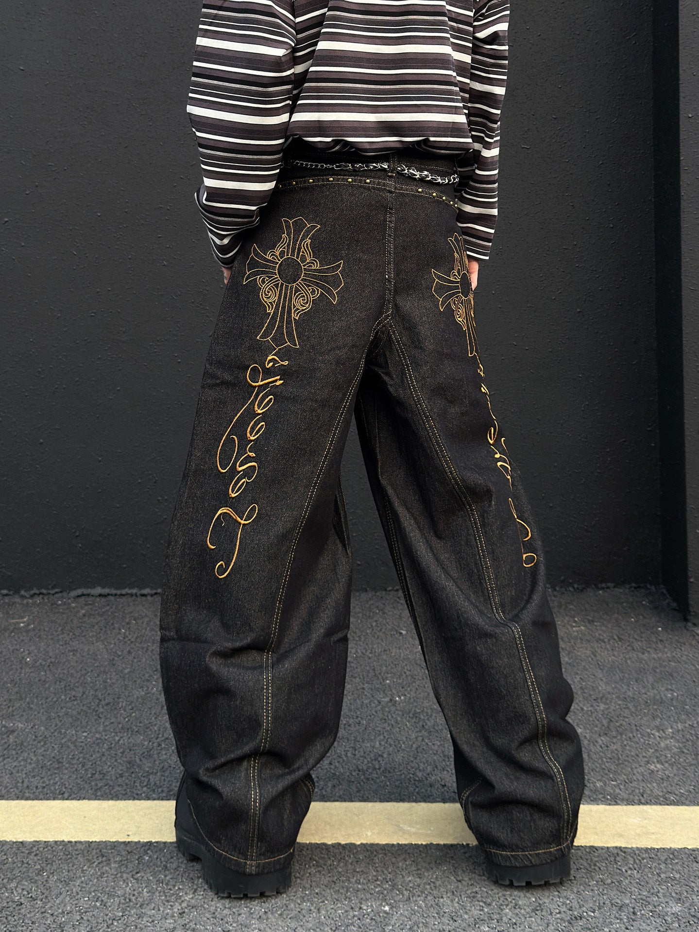 Gold Embroidery Wide Leg Denim znk000269