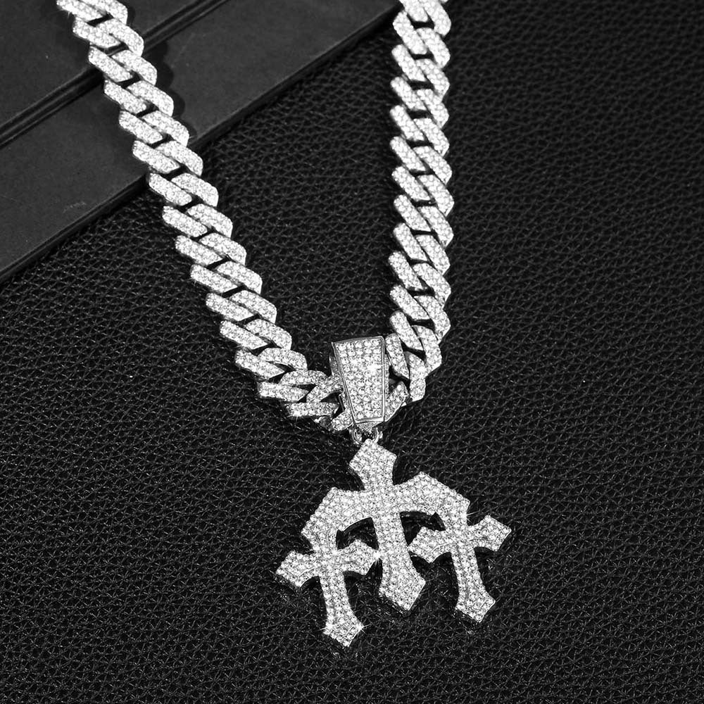 ヒップホップ風 クロスチャーム付き シルバー キューバリンク ネックレス SS-000318