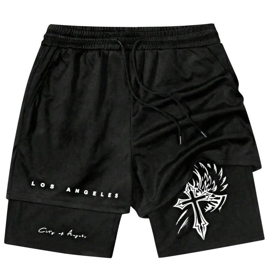 クロスロゴショーツ ダブルレイヤー ブラック ハードゴシック 韓国ストリート系ショートパンツ SS-000312