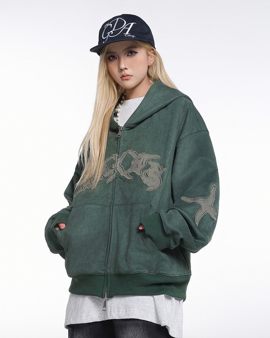 Graphic Washed Zip-Up Hoodie znk000204