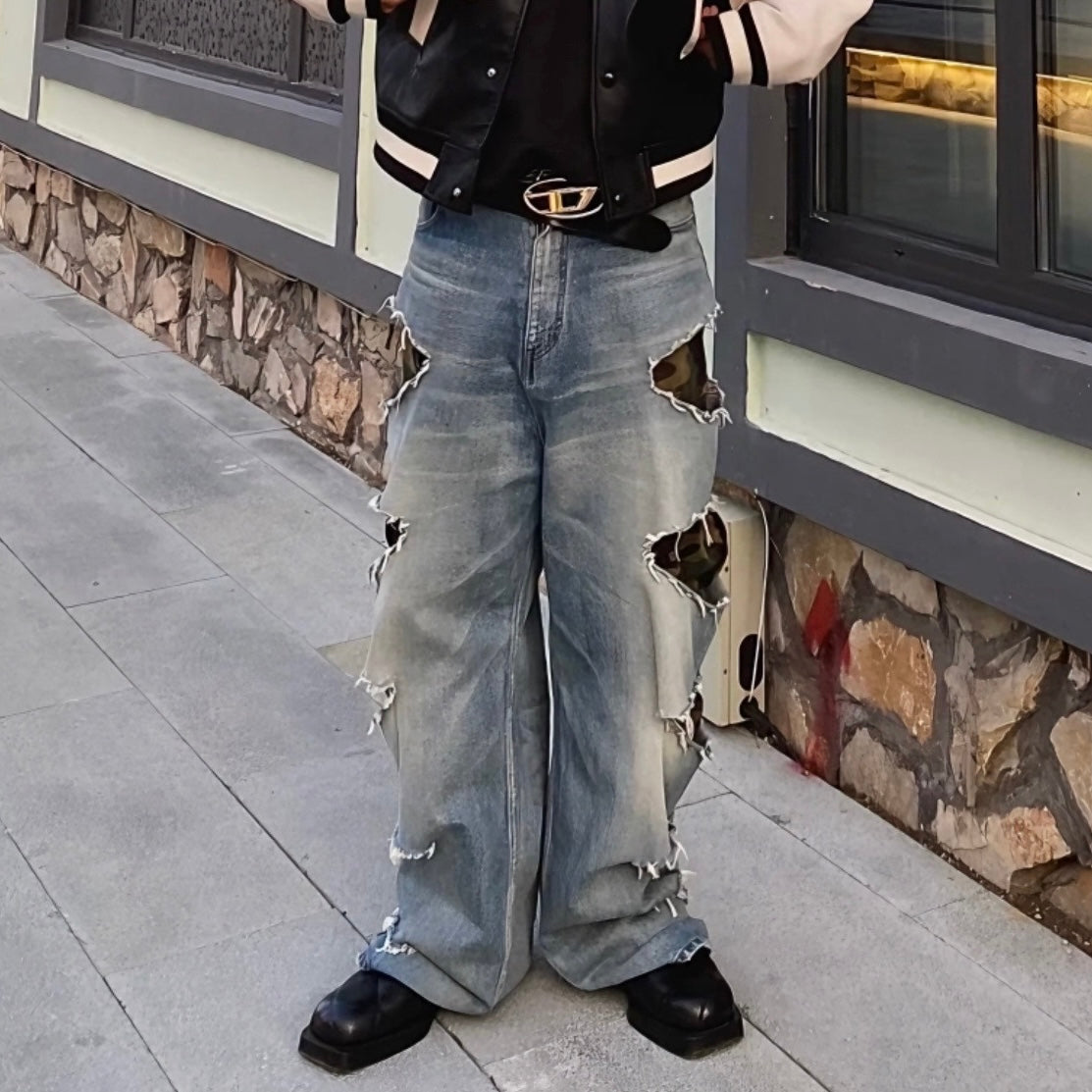 Camouflage Patch Distressed Wide Pants znk000279