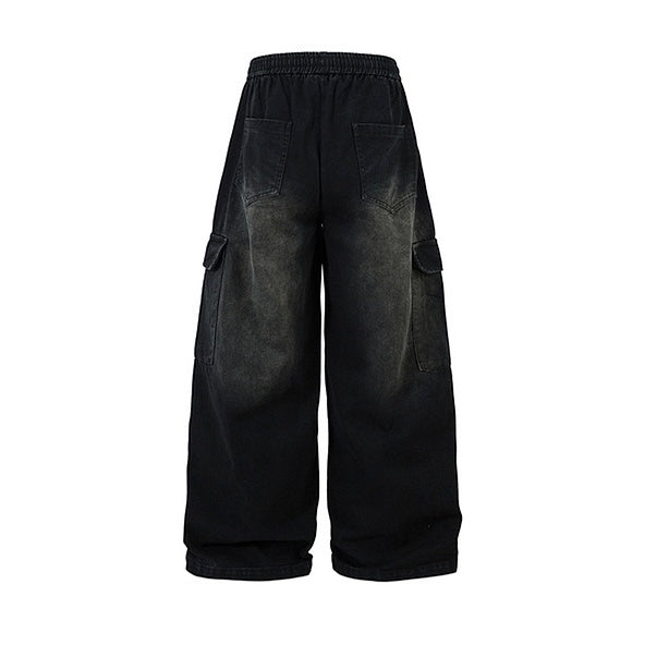 ブラックワイドカーゴパンツ ストリート系 ダボパンツ メンズ SS-000330
