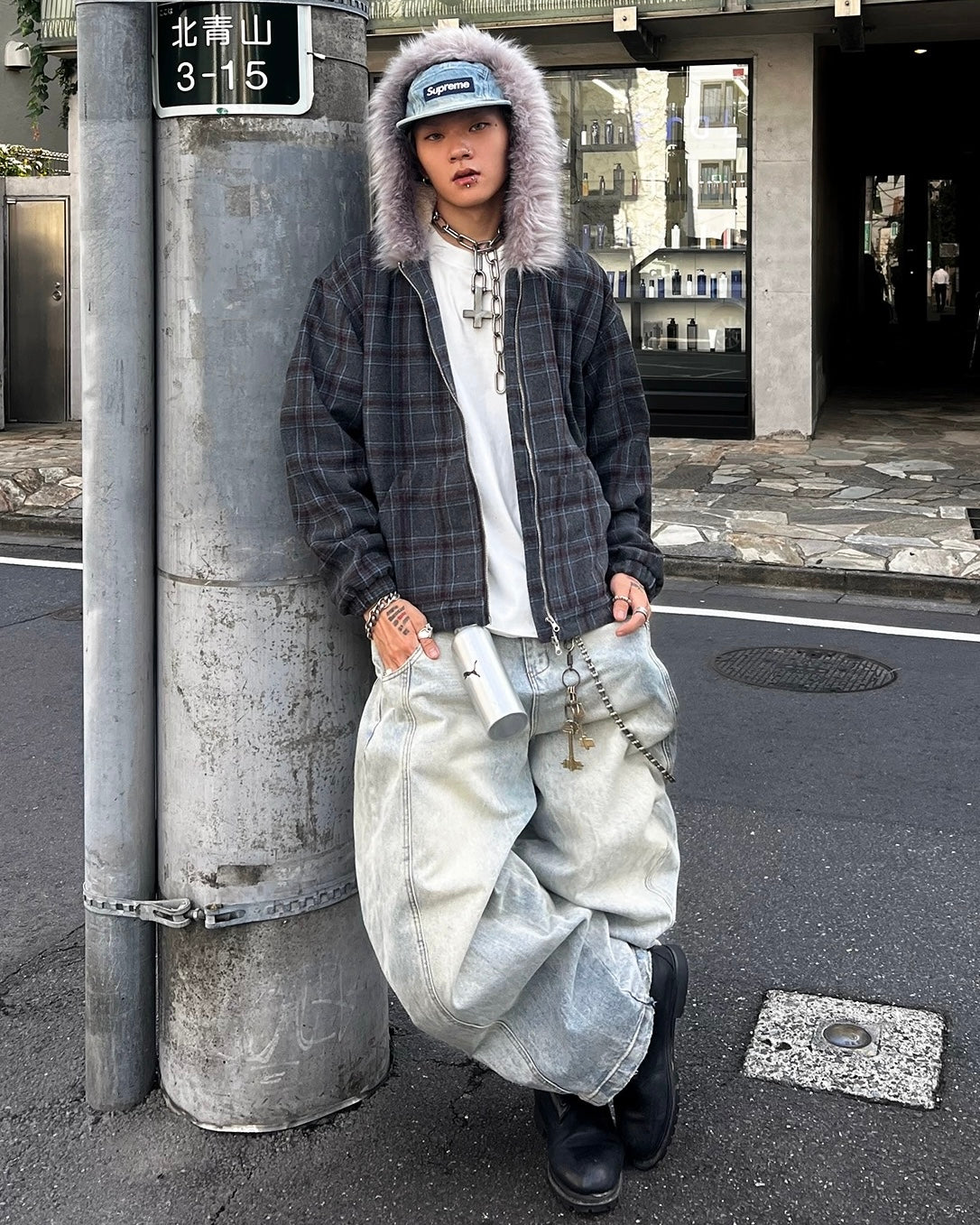 ファー付きチェックフードジャケット znk000195