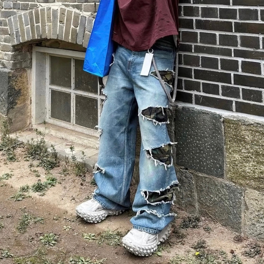 Camouflage Patch Distressed Wide Pants znk000279