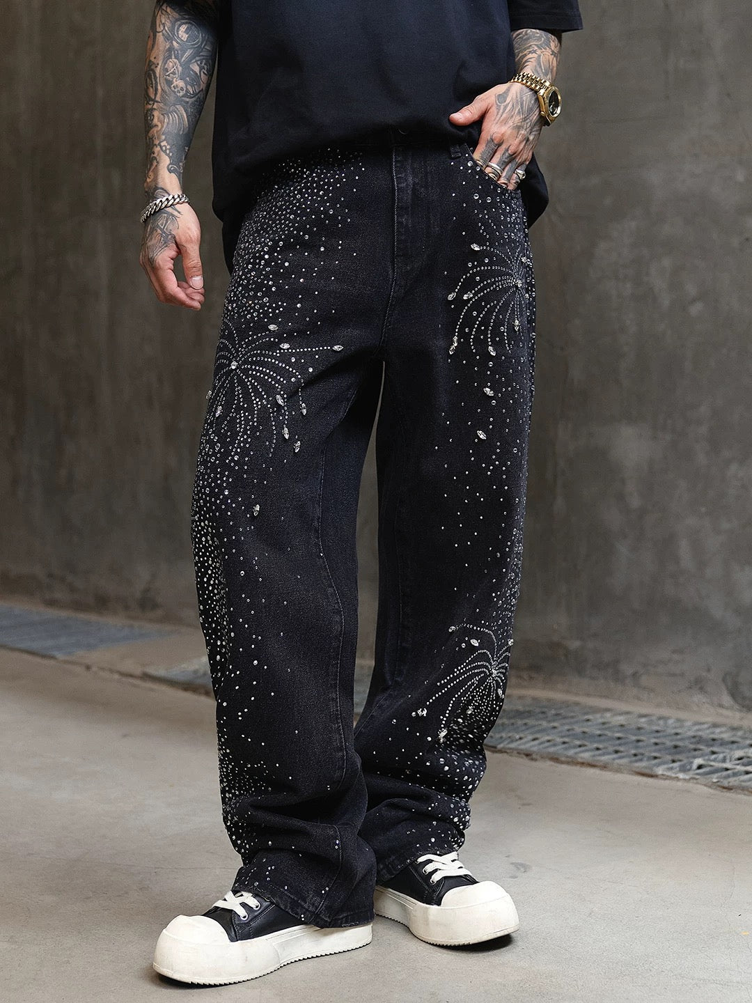 Rhinestone Wide Denim Pants znk000259