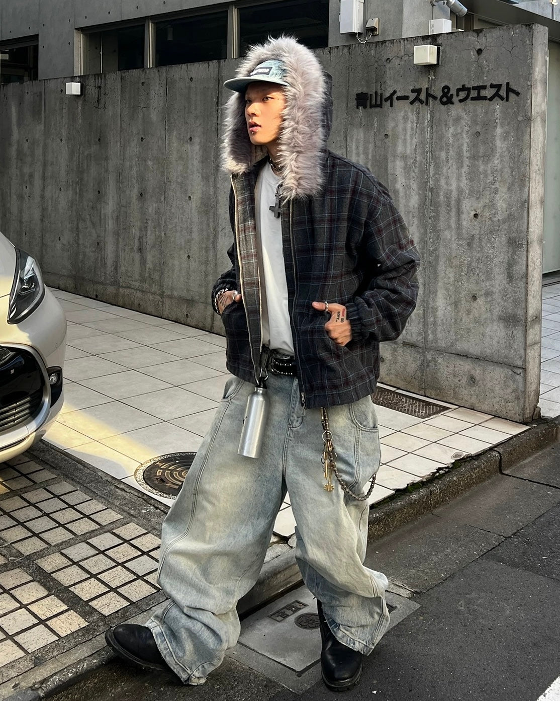 ファー付きチェックフードジャケット znk000195