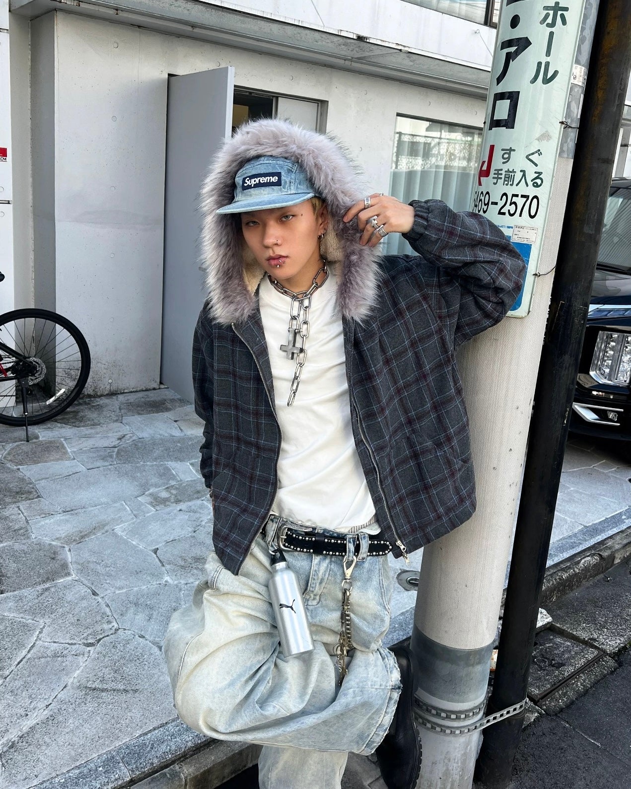 ファー付きチェックフードジャケット znk000195