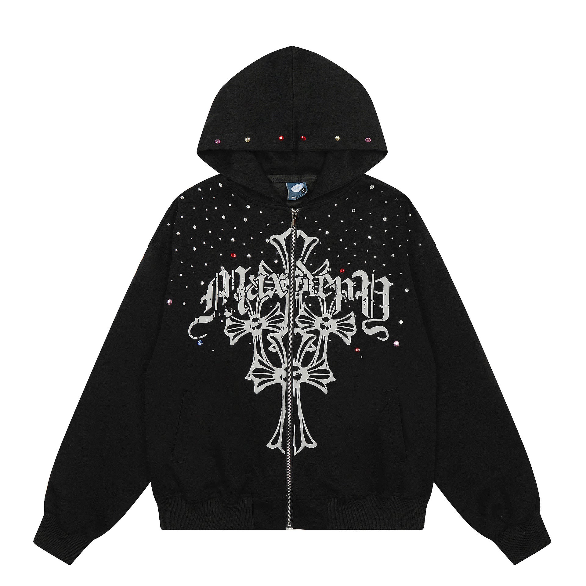 Rhinestone Cross Zip Hoodie znk000223