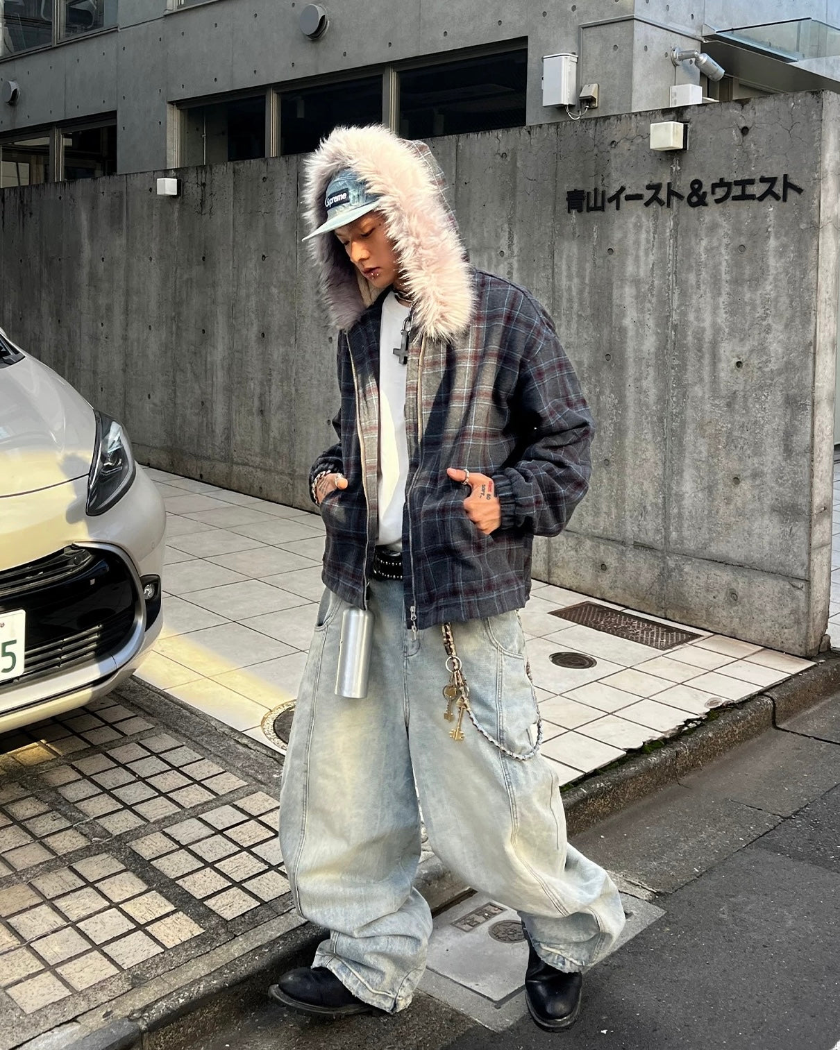 ファー付きチェックフードジャケット znk000195