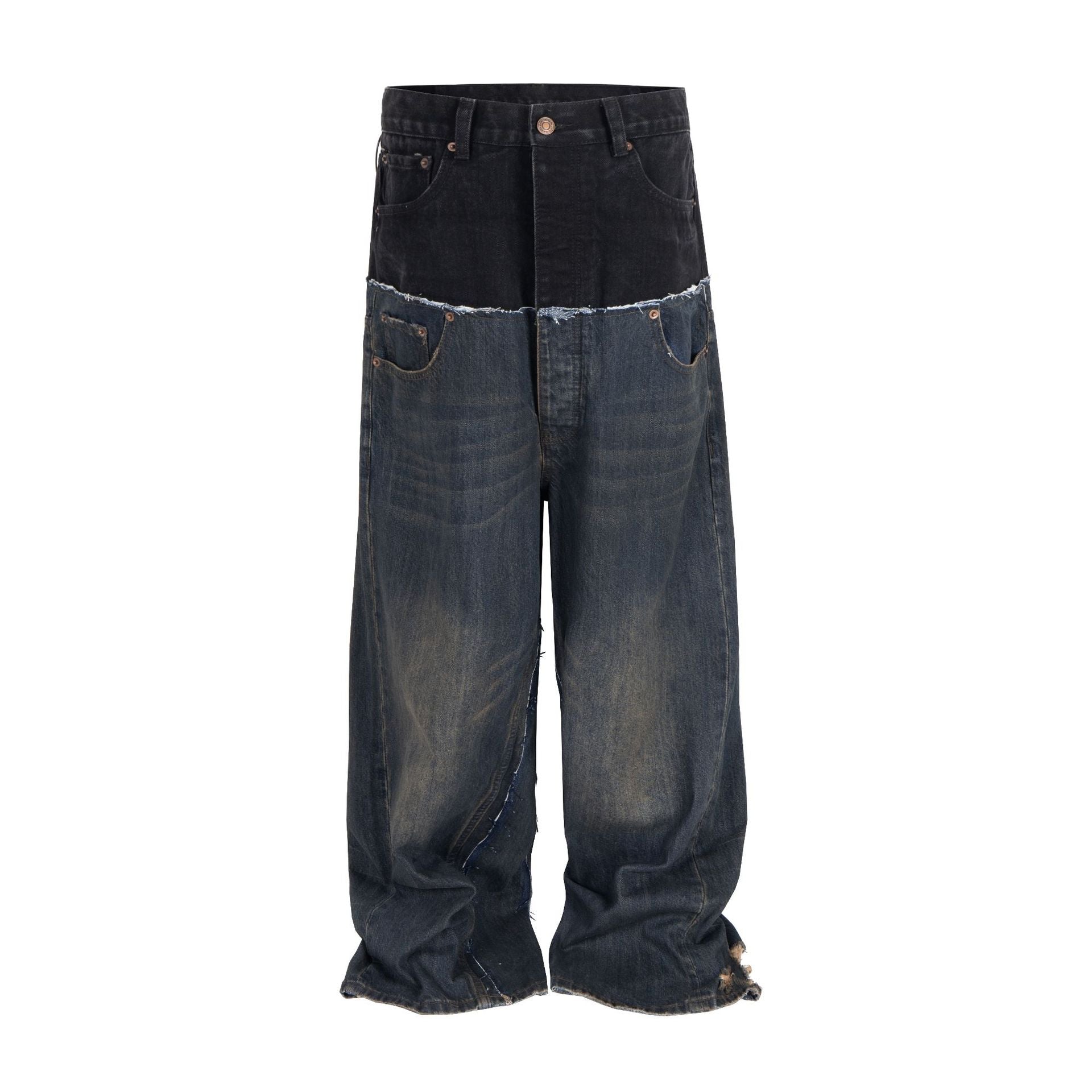 【2color】ツートーン デニムワイドパンツ ヴィンテージ加工 SS-000341