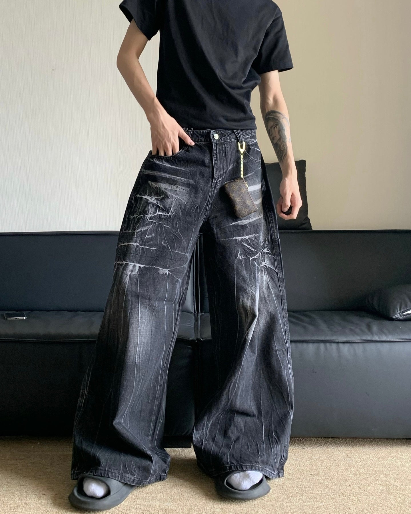 Black Washed Wide Leg Jeans znk000274